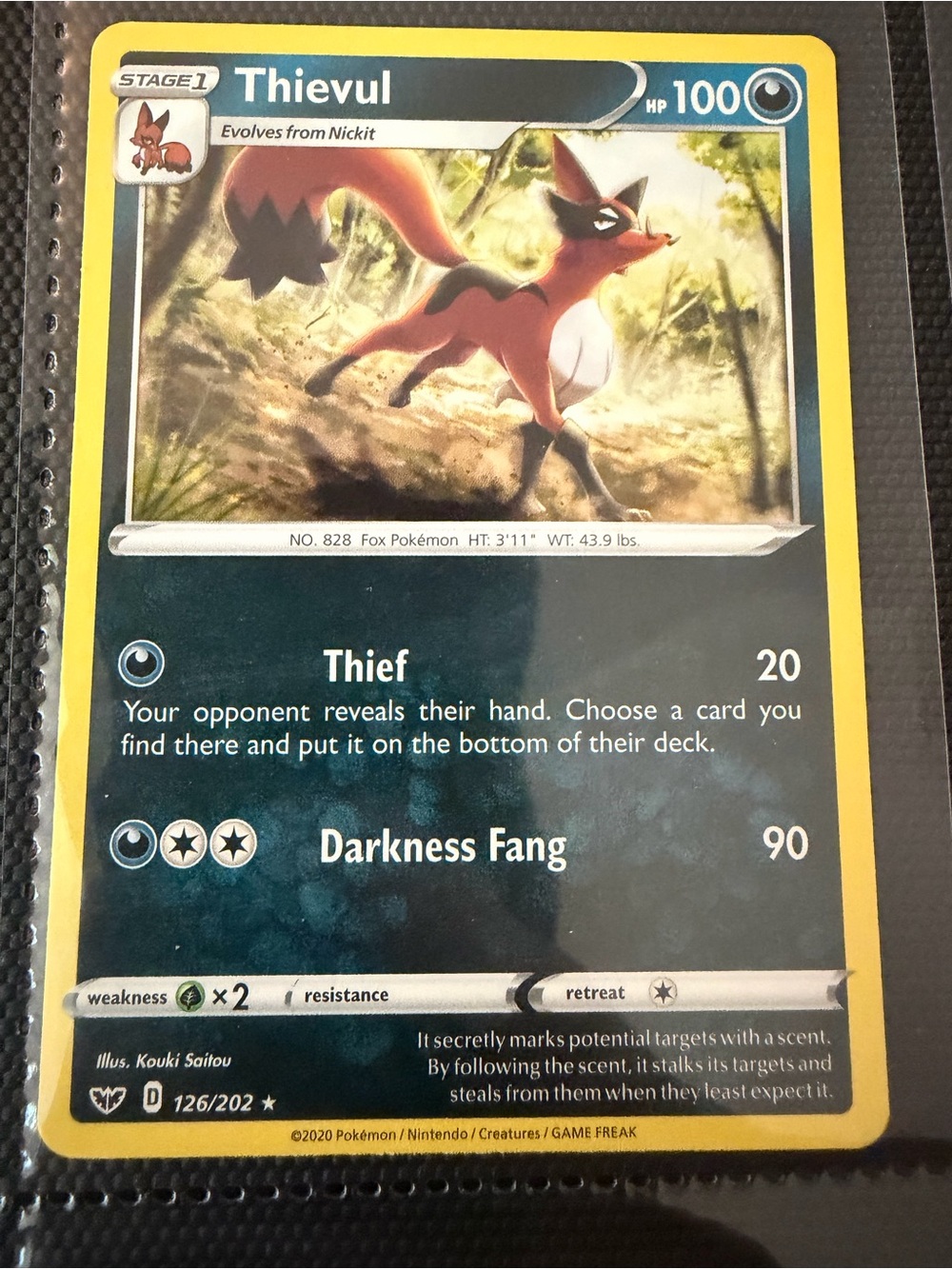 Rare Pokemon Thievul Card - sword and shield base set Yellow Border